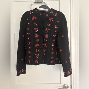 Talbots black cardigan button up sweater with Red Floral Embroidery